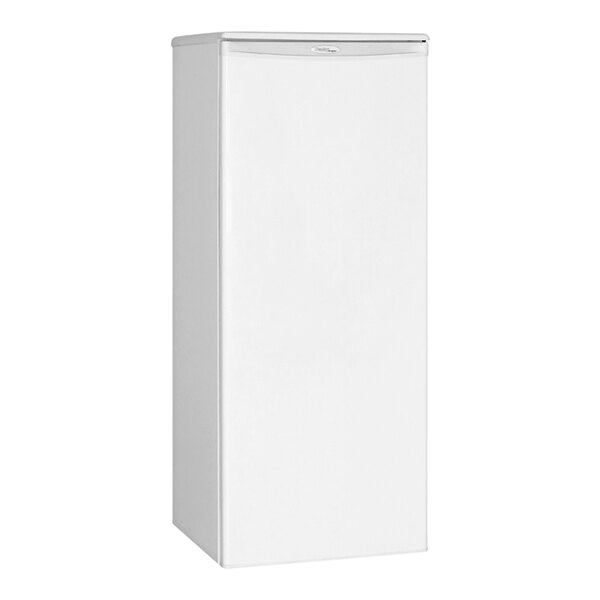 A white Danby reach-in refrigerator with a solid door.