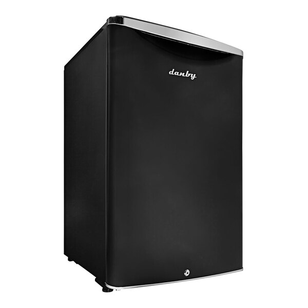 A black Danby reach-in refrigerator with a silver handle and white logo.