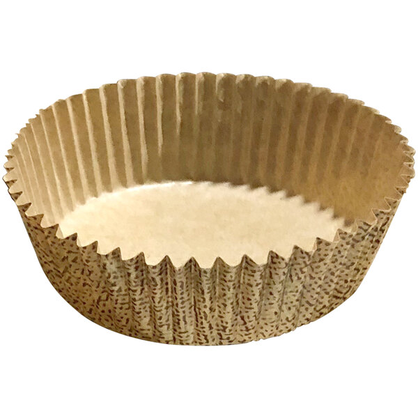 A white surface with a brown Novacart paper cupcake liner.