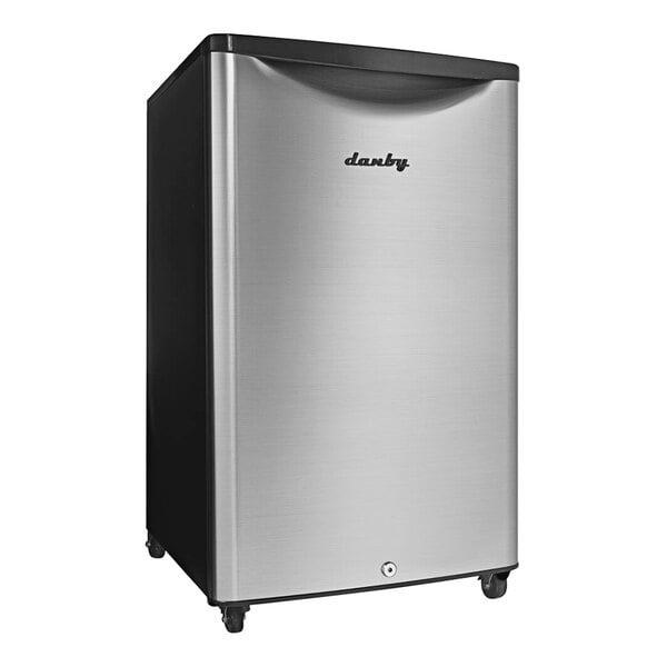 A silver and black Danby outdoor undercounter refrigerator.