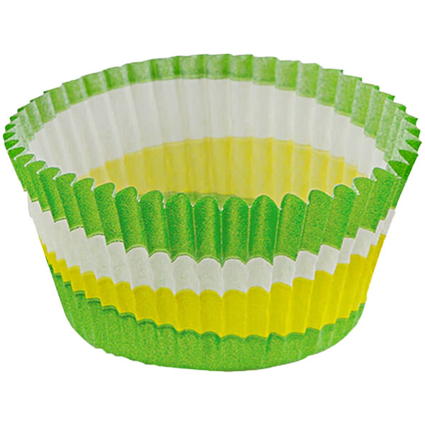 A Novacart fluted baking cup with green and yellow stripes.