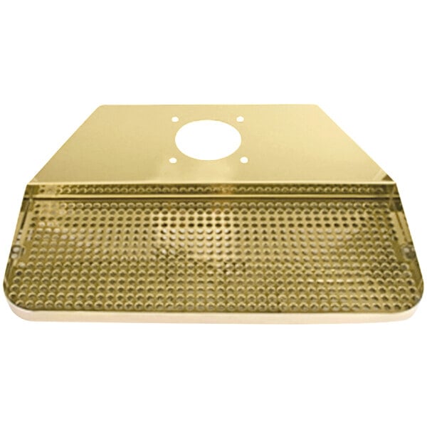 A PVD brass Micro Matic surface mount drip tray with holes in it.