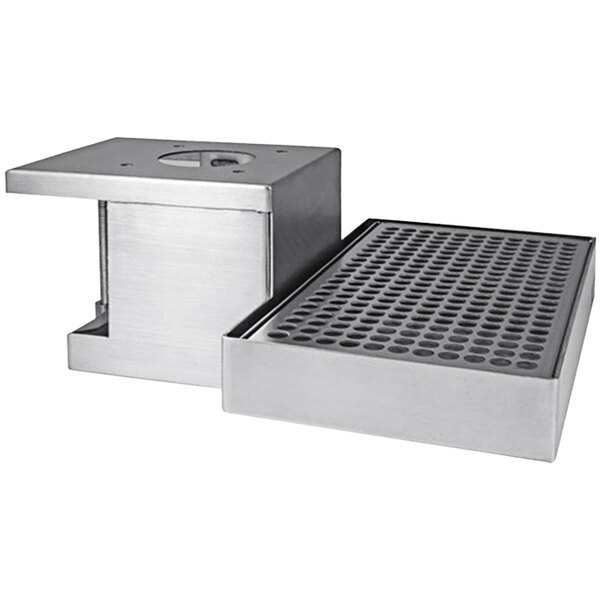A Micro Matic stainless steel clamp-on drip tray on a counter.