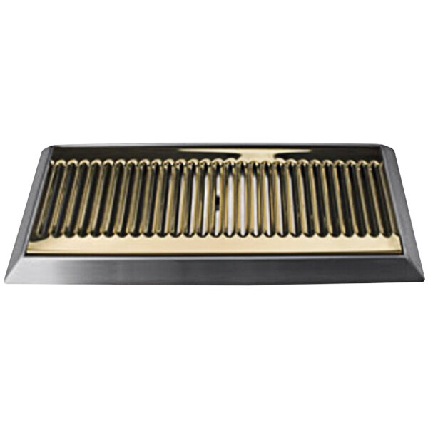 A Micro Matic brass and gold bevel edge drip tray with a metal grate.