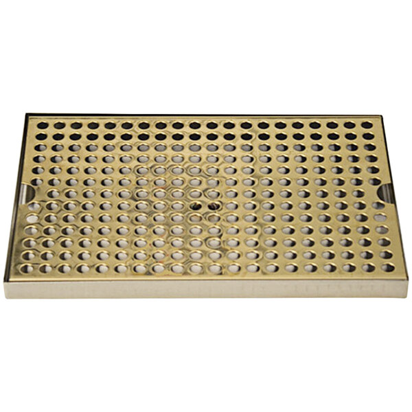 A PVD brass metal plate with holes in it.