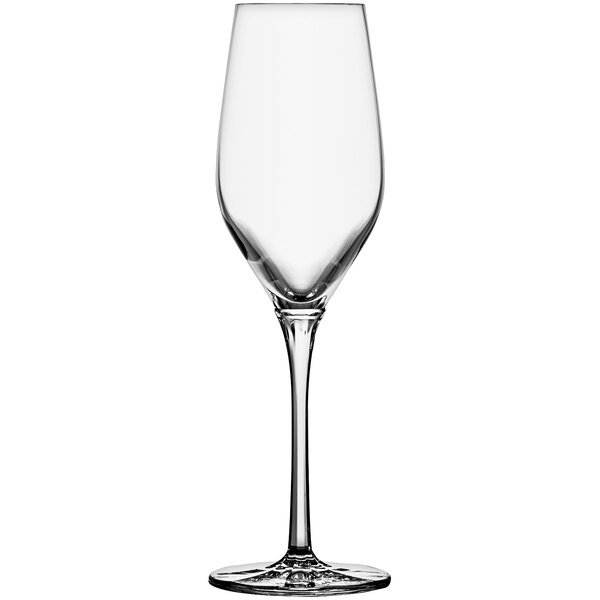 A Schott Zwiesel Rotation wine glass with a long stem on a white background.