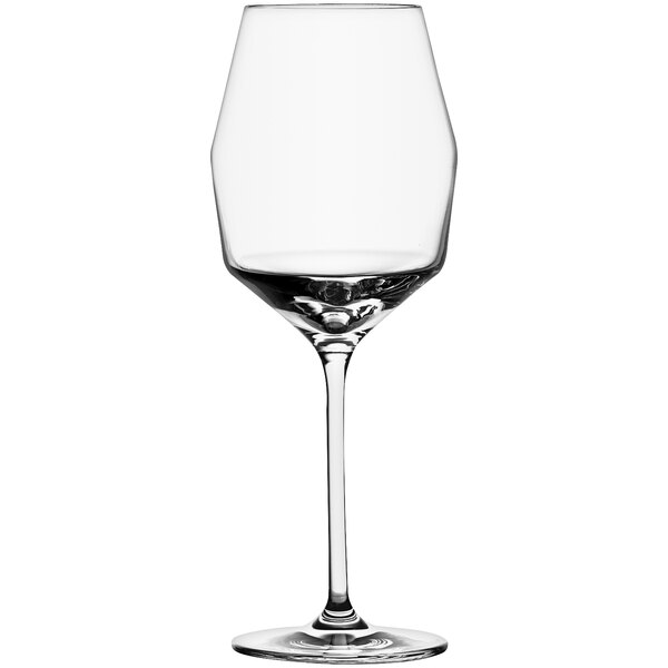 A close-up of a Schott Zwiesel white wine glass with a clear rim and long stem.