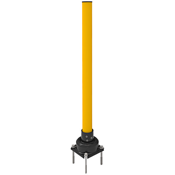 A yellow Impact Recovery Systems SlowStop rebounding steel bollard.