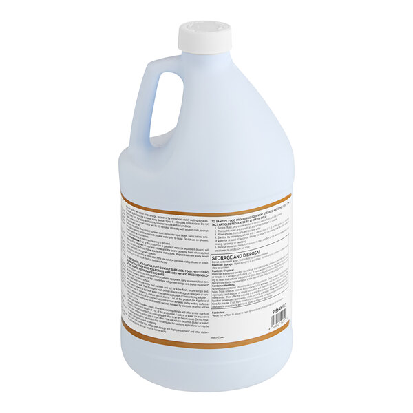 A white plastic jug of Noble Chemical Sani-512 with a white and brown label.