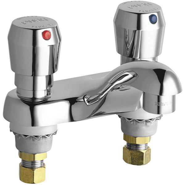 A close-up of a Chicago Faucets deck-mounted metering faucet with a cast brass spout.