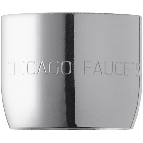 A close up of a silver Chicago Faucets aerator with a letter and number.