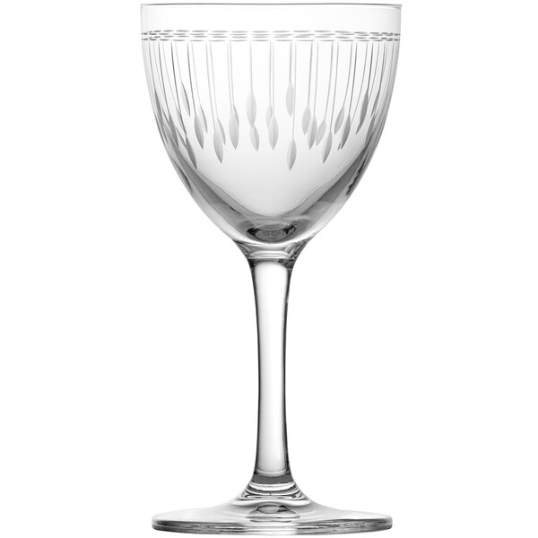 A clear Schott Zwiesel Nick & Nora glass with a design on it.