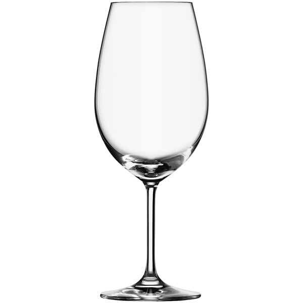 A close-up of a clear Schott Zwiesel wine glass.