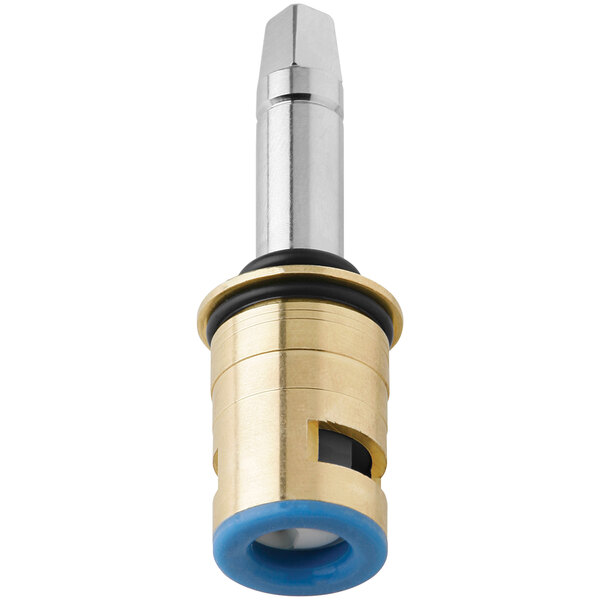 A brass and blue Chicago Faucets ceramic cartridge with a long metal stem and blue ring.