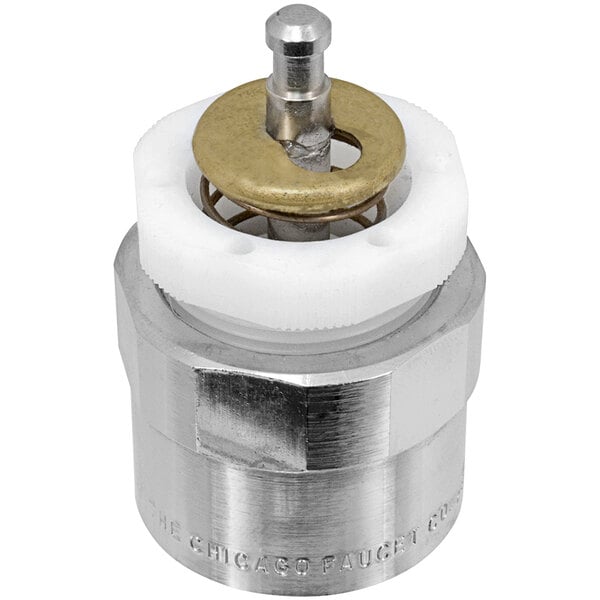 A silver and white metal Chicago Faucets MVP Actuator Assembly with a brass knob.