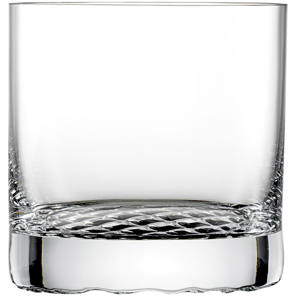 A close up of a Schott Zwiesel clear rocks glass with a diamond pattern.
