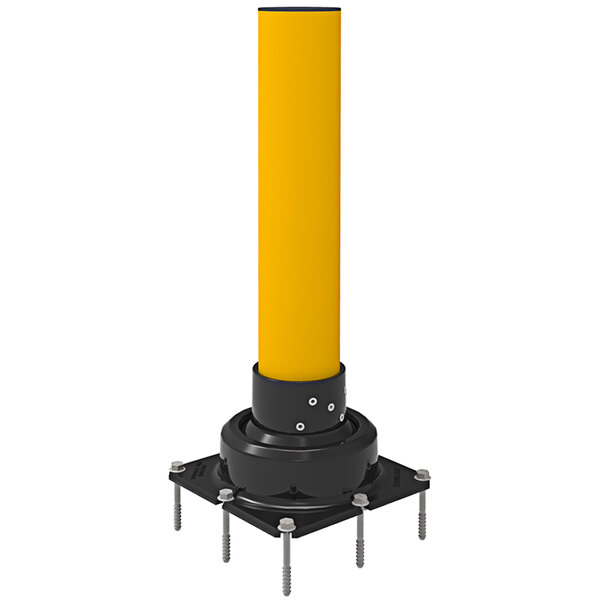 A yellow Impact Recovery Systems SlowStop steel bollard with a black base.