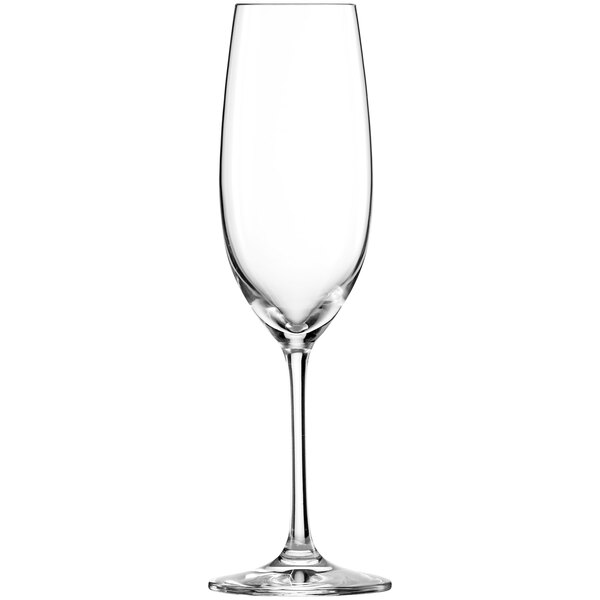 A close-up of a clear Schott Zwiesel Ivento wine glass with a long stem.