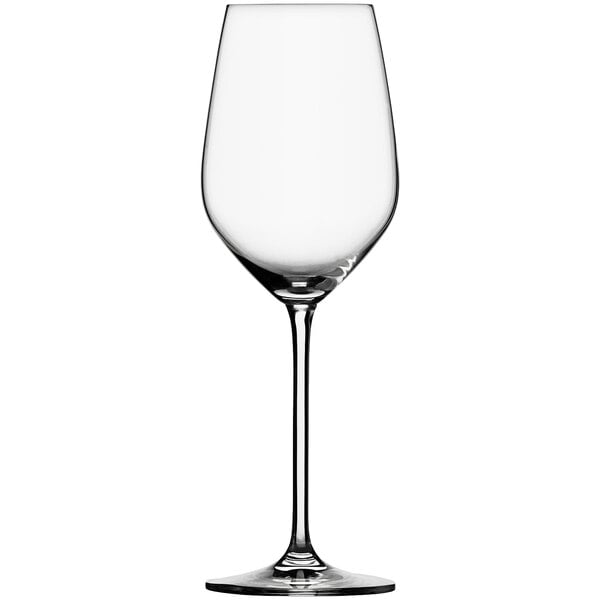 A close-up of a clear Schott Zwiesel Fortissimo wine glass with a long stem.