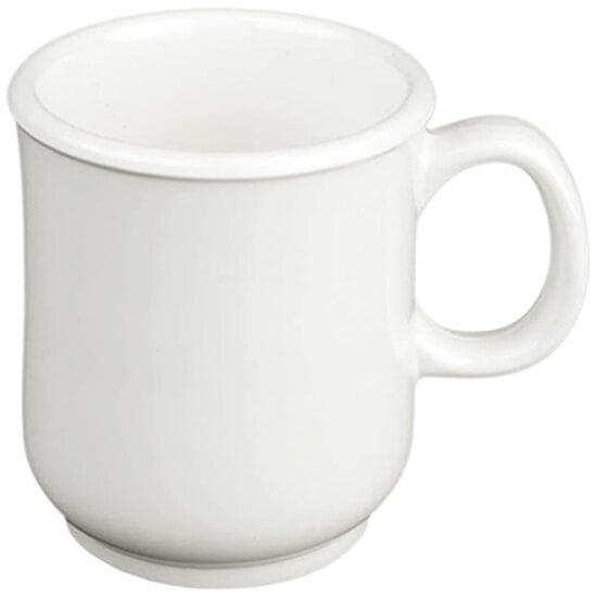 A close up of a white mug with a handle.