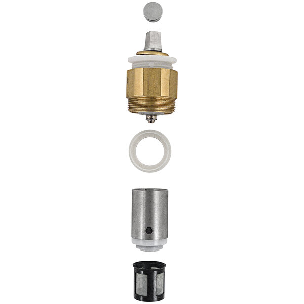 A brass and white actuator assembly for a Chicago Faucets metering faucet.