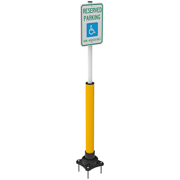 An Impact Recovery Systems yellow steel bollard sign post with "Handicapped Reserved Parking / Van Accessible" sign on it.