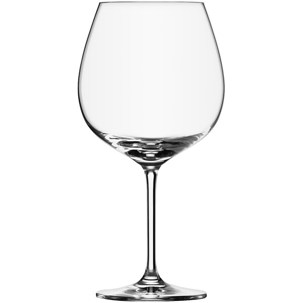 A close-up of a clear Schott Zwiesel Ivento Burgundy wine glass with a stem.