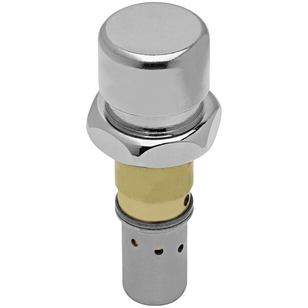 A Chicago Faucets NAIAD low-flow metering cartridge with chrome and gold metal parts.