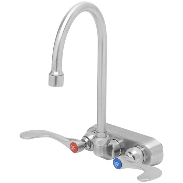 A silver stainless steel wall mount faucet with a swivel gooseneck spout and two handles, one red and one blue.