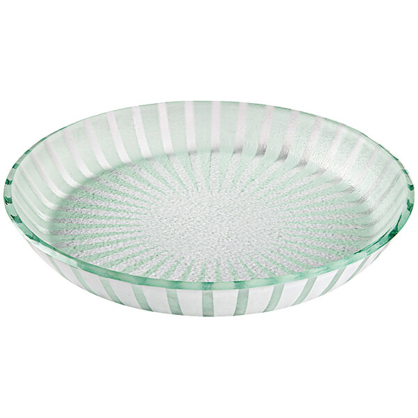 A set of 2 round glass bowls with a white and green striped pattern on the bottom.