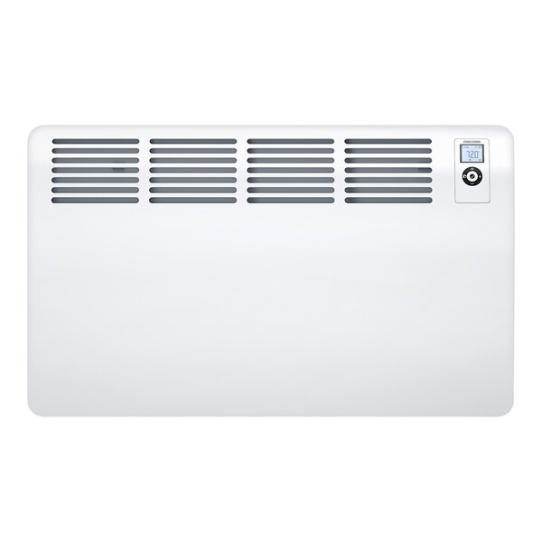 A white rectangular Stiebel Eltron wall-mounted convection heater with vents.
