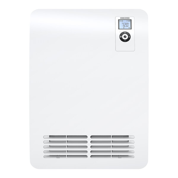 A white rectangular Stiebel Eltron electric fan heater with a button and a screen.