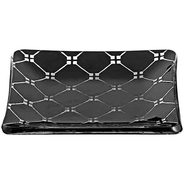 A black rectangular Rosseto Kalderon glass plate with a black and white pattern.