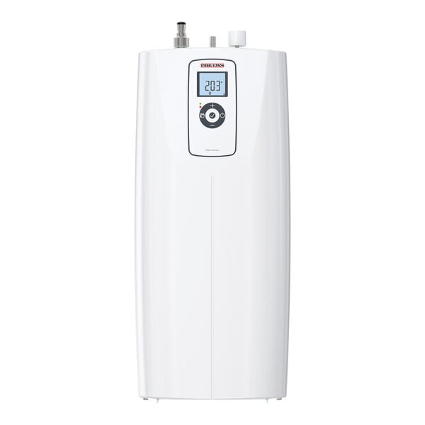 A white rectangular Stiebel Eltron water heater with a square button and a digital display.
