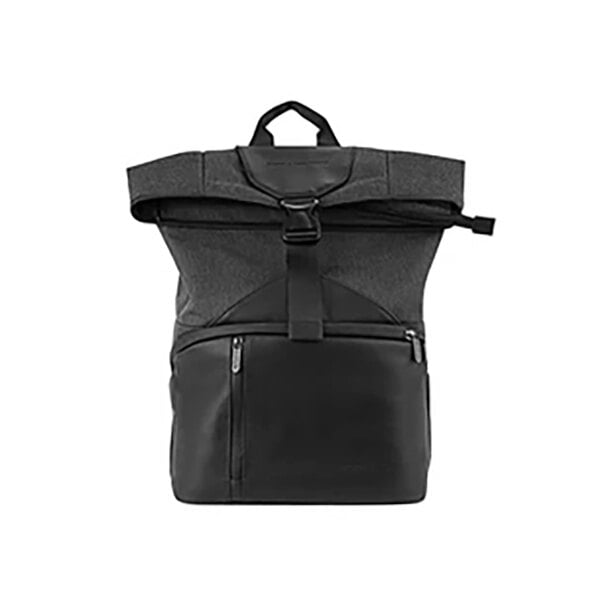 A black backpack with a zipper and a strap.