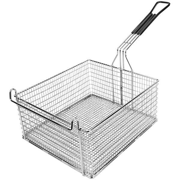 A metal wire basket with a coated handle.