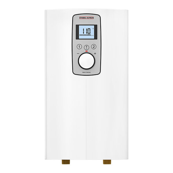 A white rectangular Stiebel Eltron tankless water heater with a digital display and buttons.
