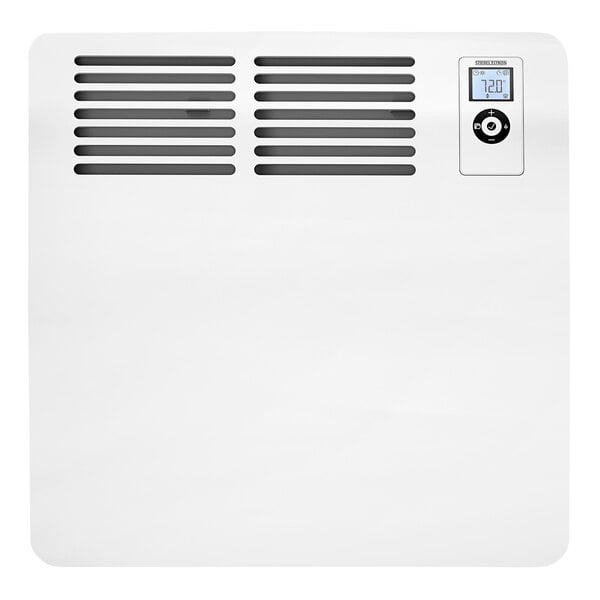 A white Stiebel Eltron wall-mounted convection heater with a black circle and vents.