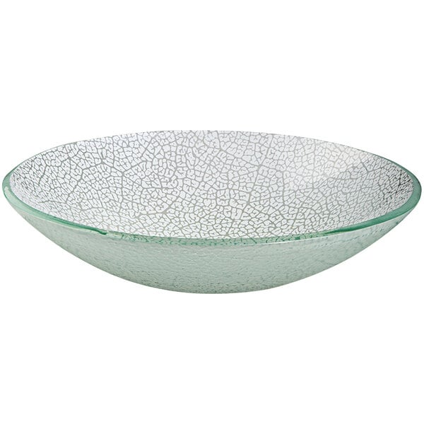A close-up of a Rosseto Kalderon round glass bowl with a white rim.