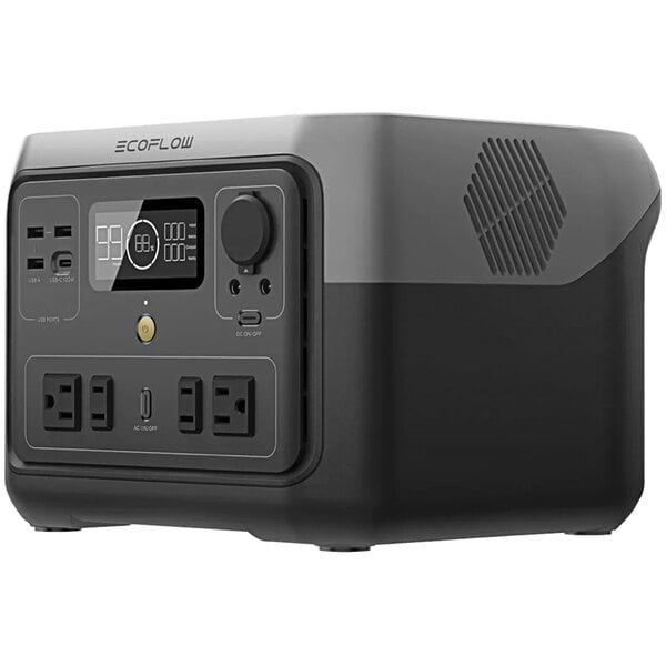 A black and grey square EcoFlow RIVER 2 Max portable power station with buttons and switches.