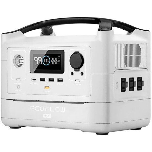 A white EcoFlow RIVER Max Plus portable power station with black buttons and a black handle.