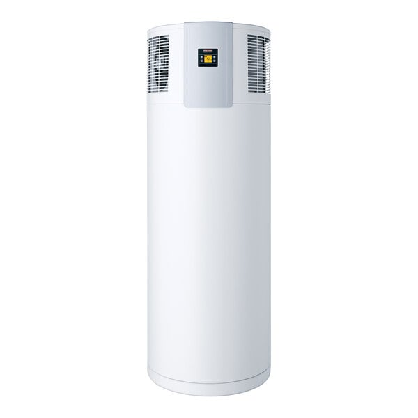 A white Stiebel Eltron heat pump water heater with a black screen