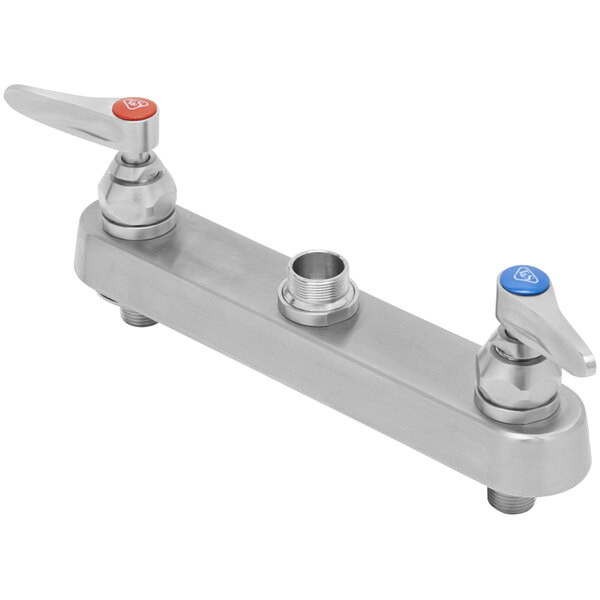 A silver stainless steel Eversteel deck mount faucet base with lever handles.