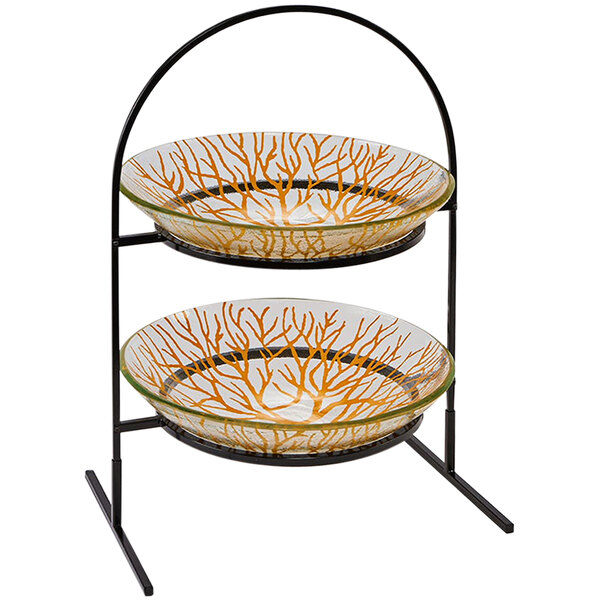 A Rosseto Radici 2 level round display stand holding two yellow glass bowls.