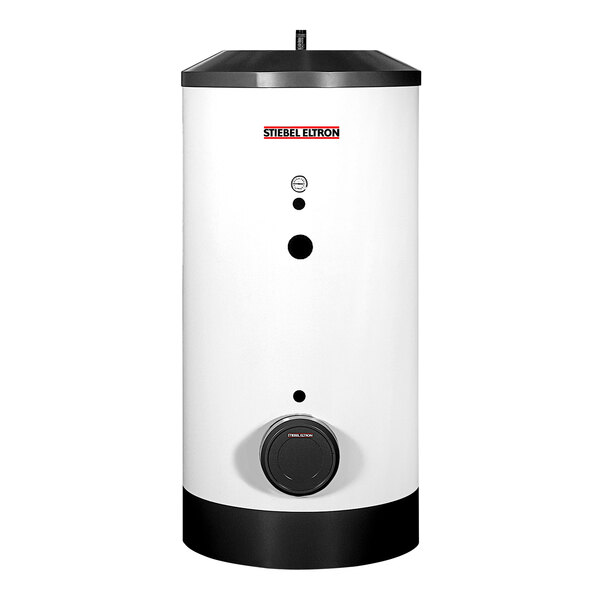 A white rectangular Stiebel Eltron water heater tank with black circles.