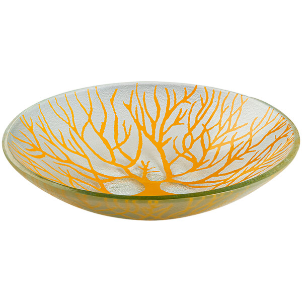 A Rosseto Kalderon yellow glass bowl with a tree design.