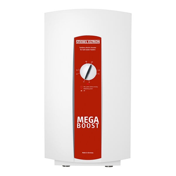 A white box with a red and white label for Stiebel Eltron MegaBoost Tankless Electric Water Heater Booster.