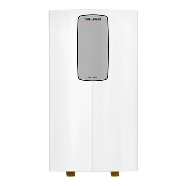A white rectangular Stiebel Eltron tankless water heater with a black border and grey rectangular window.