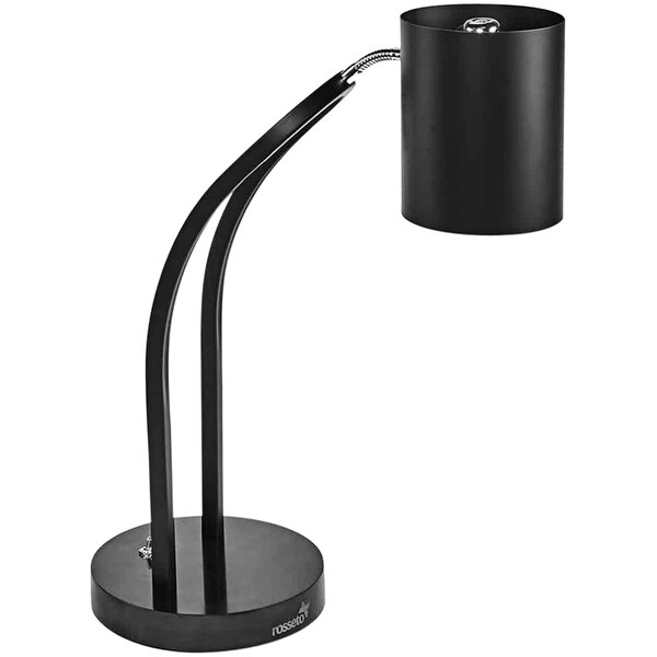 A black curved Rosseto countertop heat lamp with a silver top.