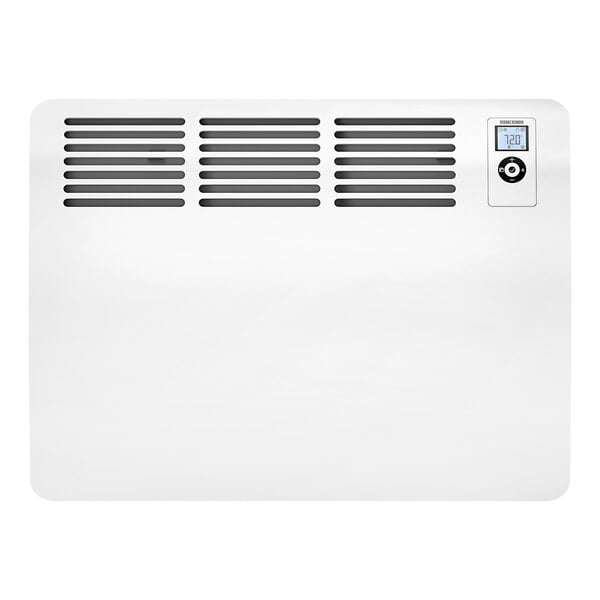 A white rectangular Stiebel Eltron wall-mounted convection heater with black lines and vents.